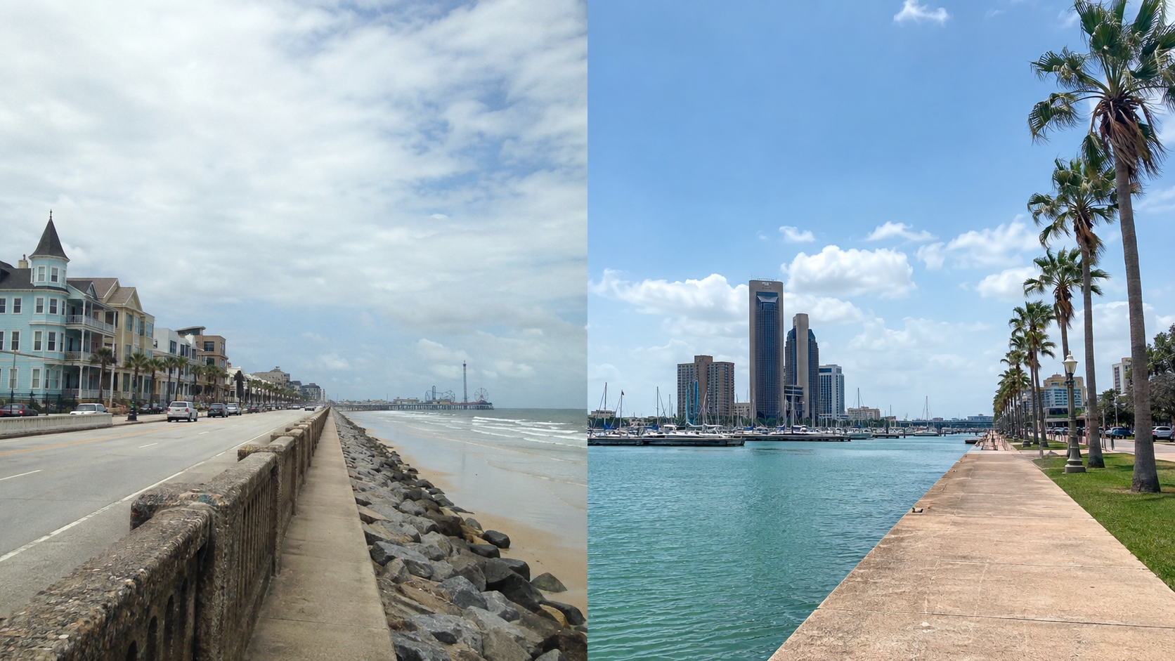 Split view of Galveston Seawall and beach beside the palm-lined Corpus Christi marina and skyline.